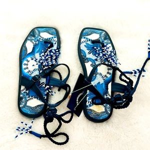 New FARM RIO Blue Tile Beaded Flat Lace Up Sandals Blue